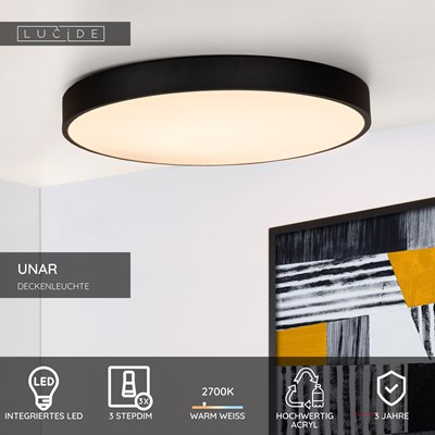 Lucide UNAR - Deckenleuchte - Ø 49,5 cm - LED 3 StepDim - 1x36W 2700K - Schwarz